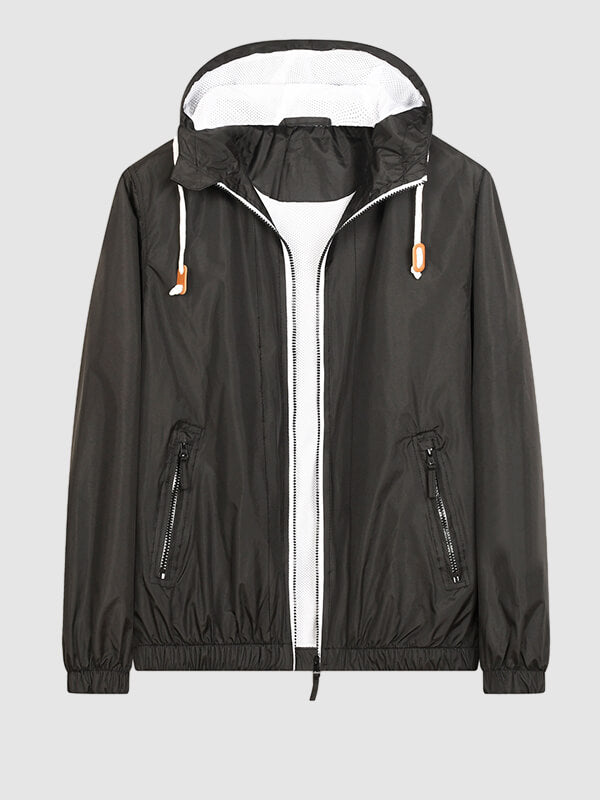 Men's Solid Color Waterproof Dual Pocket Zip Hooded Jacket