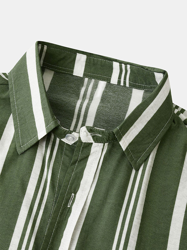 Men's Cotton Linen Stripe Short Sleeve Shirt