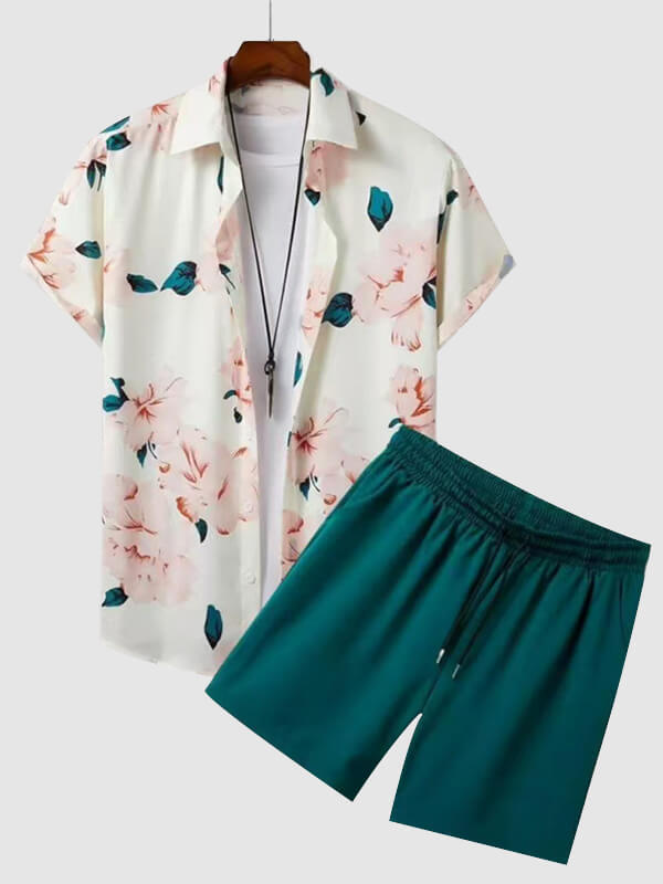 Men's Floral Pattern Print Short-Sleeve Casual Pants Set