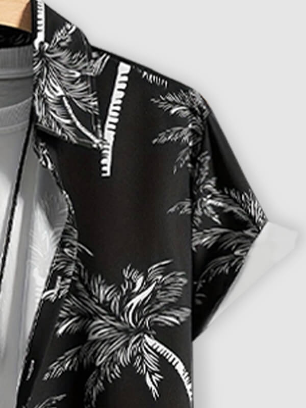 Men's Palm Leaf Printed Casual Short Sleeve Shirt Casual Pants Set