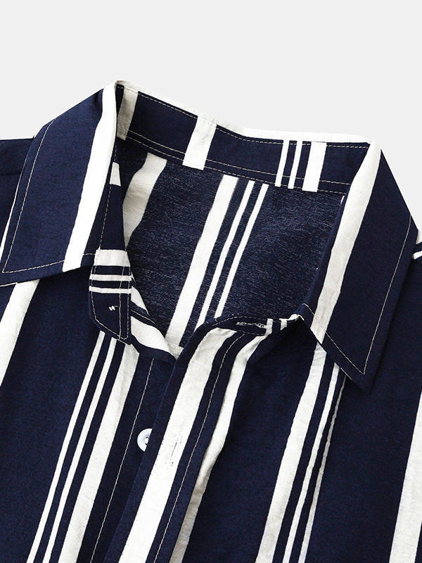 Men's Cotton Linen Stripe Short Sleeve Shirt