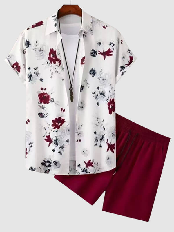 Men's Hawaiian Print Short Sleeve Casual Pants Set