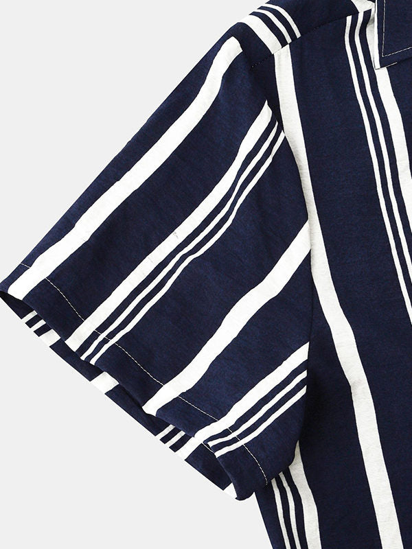 Men's Cotton Linen Stripe Short Sleeve Shirt