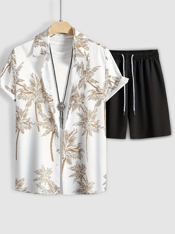 Men's Coconut Leaf Print Casual Short-Sleeve Shirt and Shorts Set