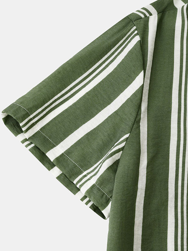 Men's Cotton Linen Stripe Short Sleeve Shirt