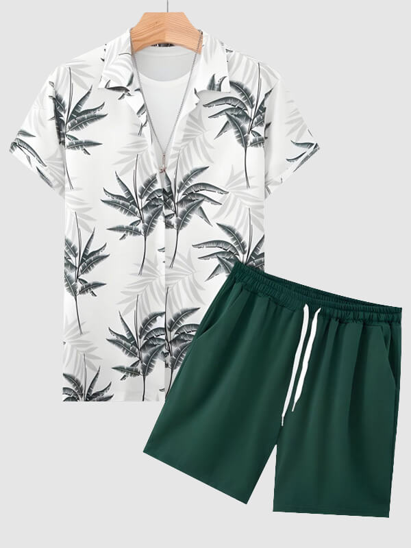 Men's Palm Leaf Print Short-Sleeve Casual Pants Set