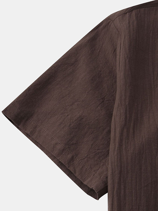 Men's Cotton Linen Textured Half Placket Short Sleeve Shirt