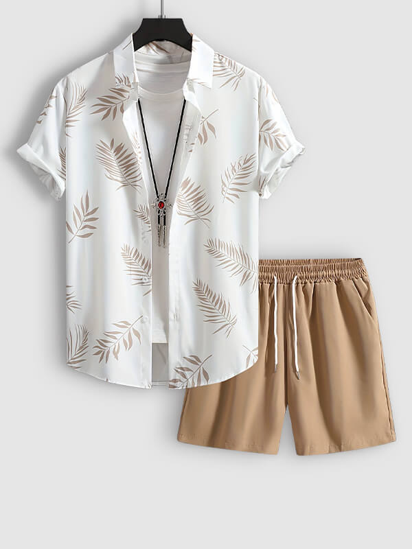 Men's Leaf Print Casual Short-Sleeve Shirt and Shorts Set