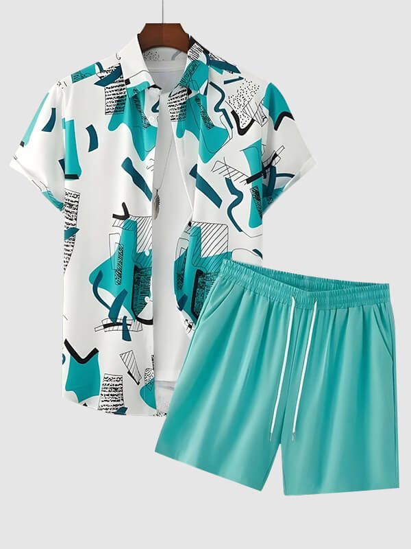 Men's Geometric Pattern Print Short-Sleeve Casual Pants Set