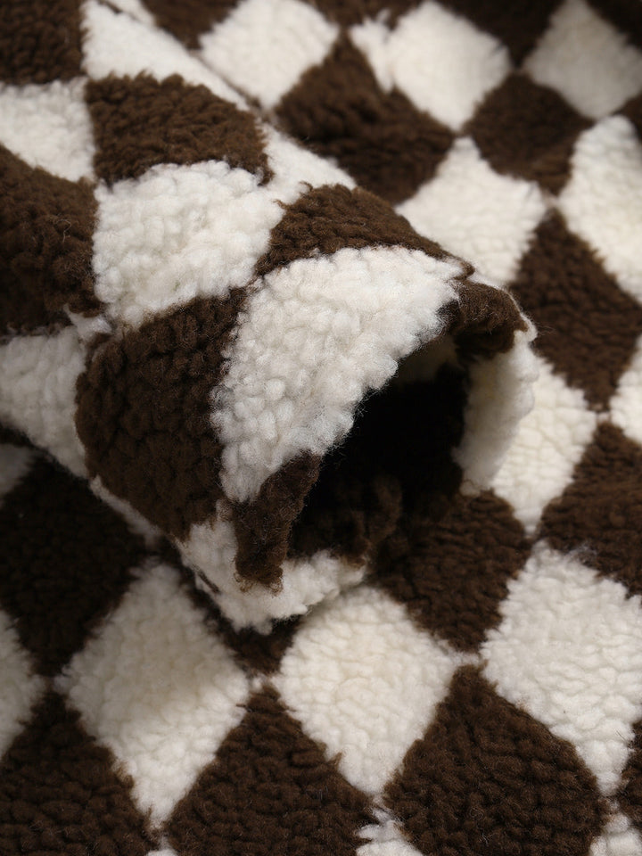 Men diamond plaid pattern Faux Fur Single Pocket Button Lapel Jacket