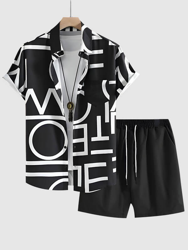 Men's Letter Print Short-Sleeve Casual Pants Set
