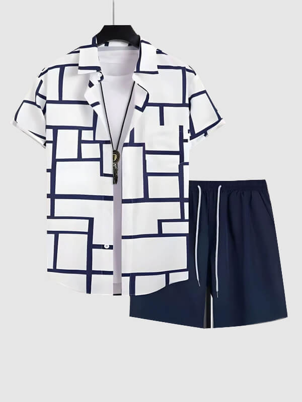 Men's Minimalist Geometric Print Short-Sleeve Casual Pants Set