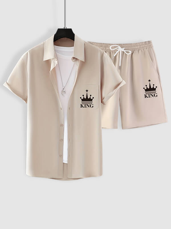 Men's Crown Print Casual Short-Sleeve Shirt and Shorts Set