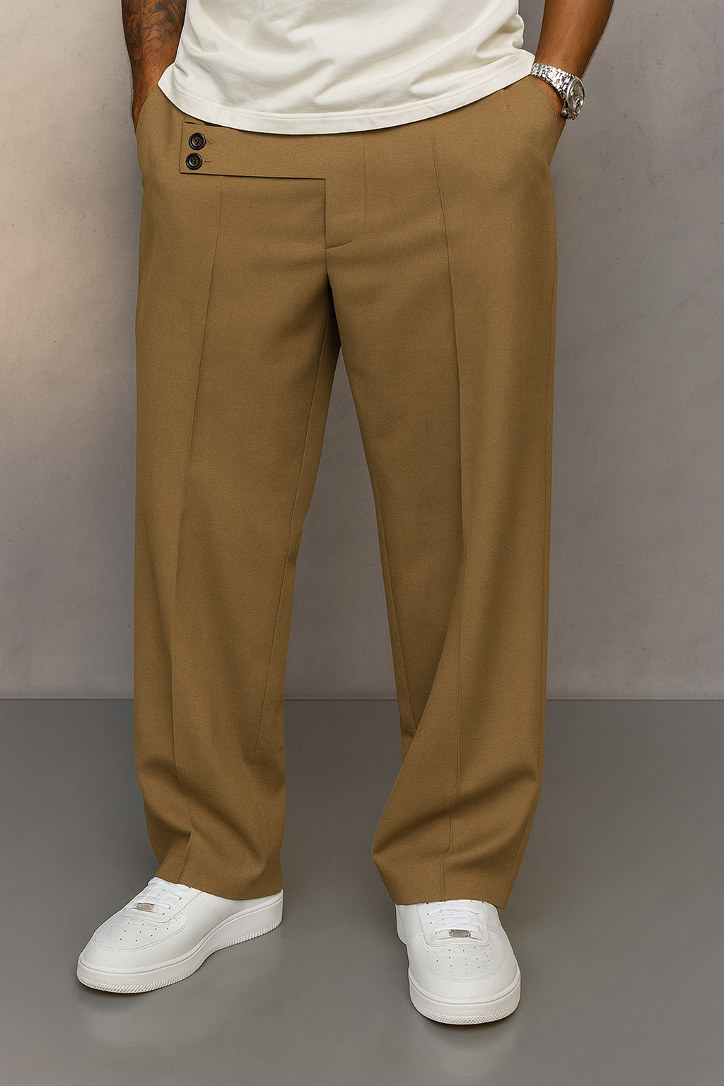 Casual Button Accent Straight Leg Pants