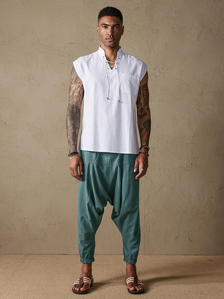 Loose Fit Drop Crotch Cotton Linen Pants
