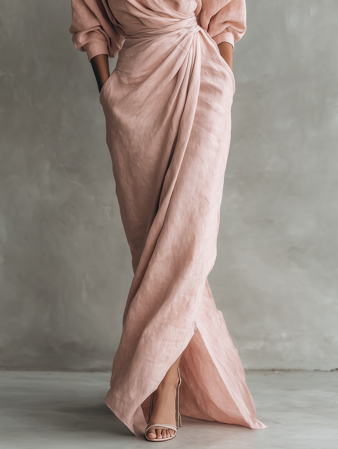 Women's  Pink Minimalist V-neck Linen Blend Maxi Dress MDA1655L0Y