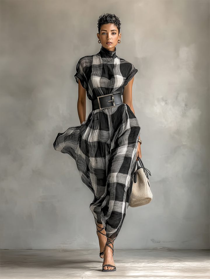 Women's Plaid Cotton Blend High Collar Short Sleeve Belt Maxi Dress MDA0575G6Y