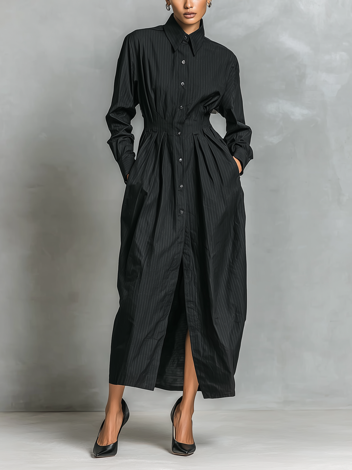 Women's Elegant Black Pinstripe Woven Shirt Dress With Long Sleeves MDA2045L1AN