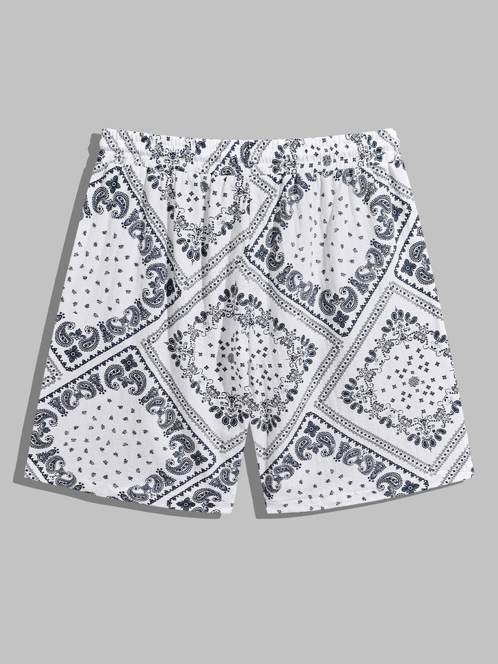 Men's Ethnic Paisley Print POLO Short Sleeve Shirt  Shorts Set