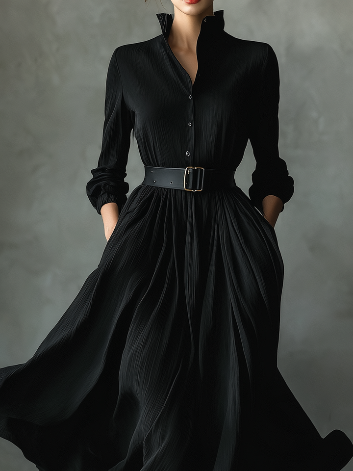 Women's Black Blend Textured Pleated Vintage Maxi Dress MDA0859H8T