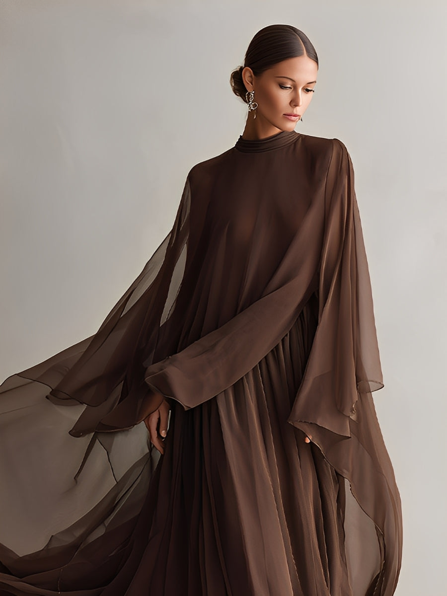 Women's Rich Brown Chiffon Dress With Flowy Maxi Silhouette & Cape-like Design, Modern Elegant-Glam Style Dress MDA1967L4I