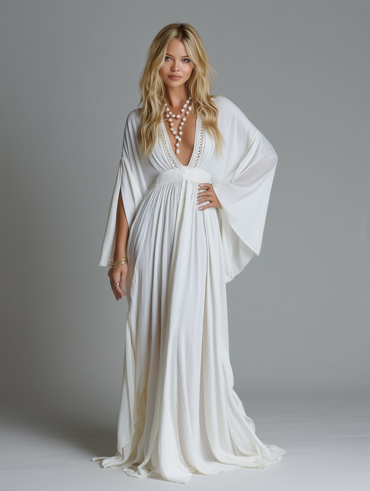 Women's V-neck Batwing Sleeve High-waisted Maxi Dress MDA1561L2Y