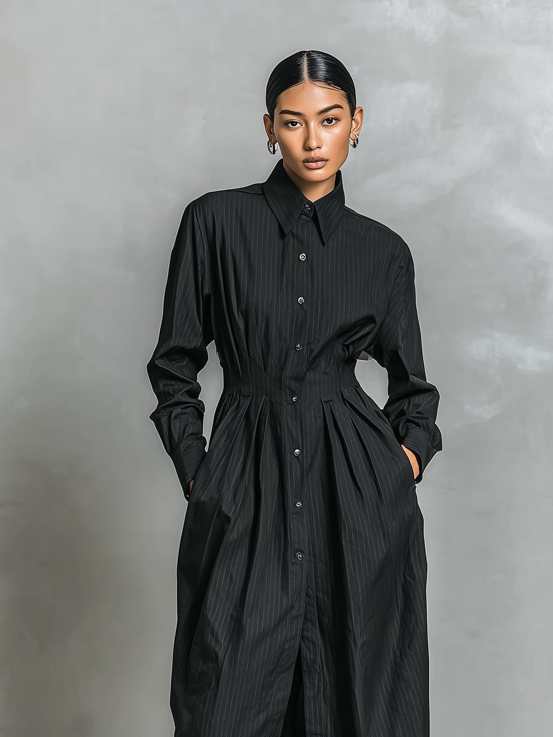 Women's Elegant Black Pinstripe Woven Shirt Dress With Long Sleeves MDA2045L1AN