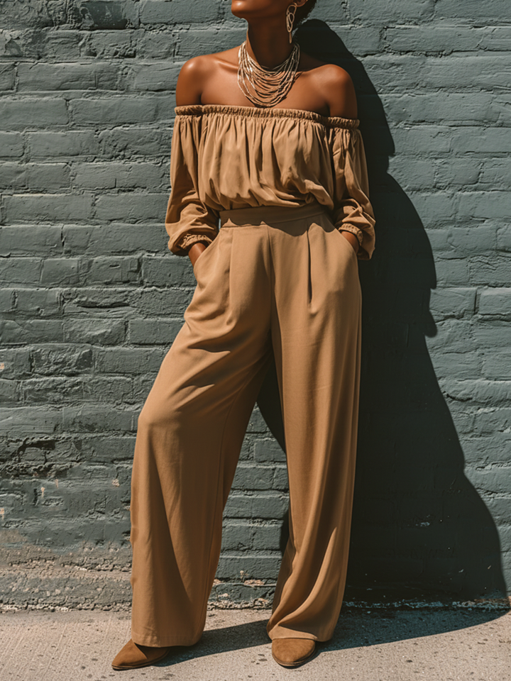 Women's Minimalist Strapless Long-sleeved Blouse And Straight-leg Pants Set MDA1799L3Y