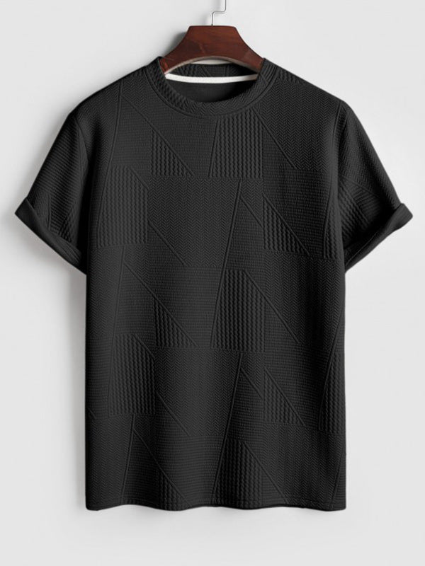 Geometric jacquard round  neck short sleeved T-shirt-Black