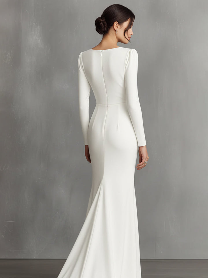 Women's White Elegant Satin Ruched Mermaid Maxi Dress MDA0910I5I