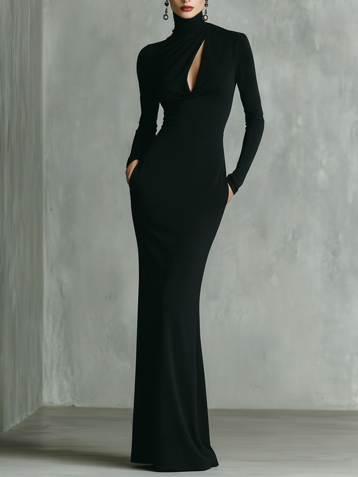 Women's Minimalist High-neck Long-sleeved Fitted Maxi Dress MDA2239K0Y