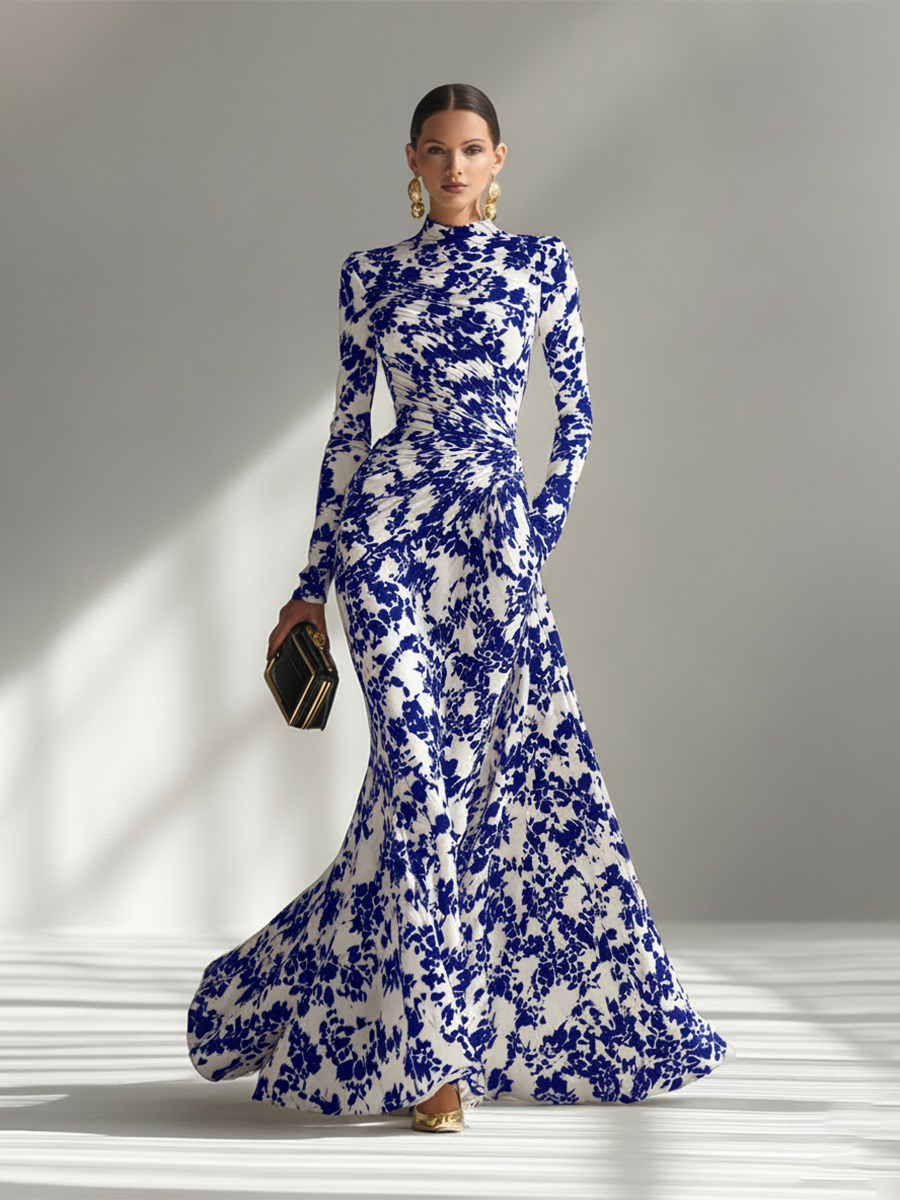 Women's Black And White Patterned Stretch Blend Wrap Dress MDA1295K1AP