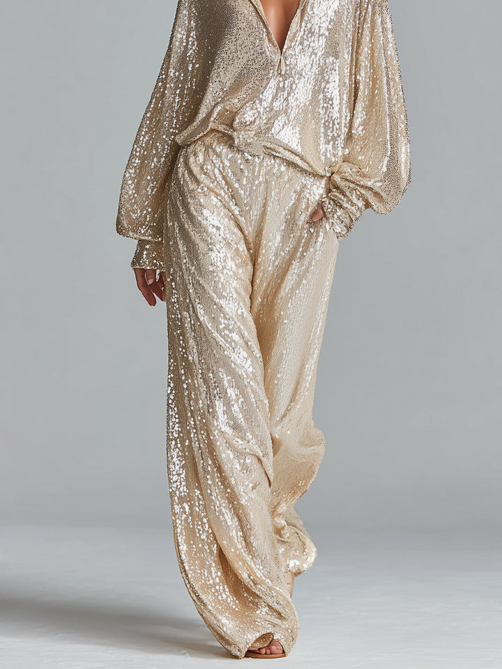 Women's Gold Glamorous Sequin Collared Half - Zip Wide - Leg Loungewear Party Set MDA2425I0I