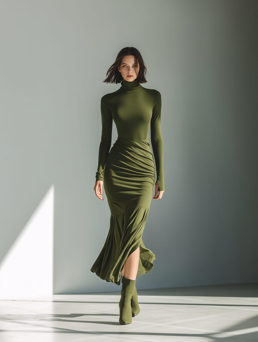 Women's Army Green Stretch Knit High Neck Pleated Slim Fit Maxi Dress MDA0556K1T