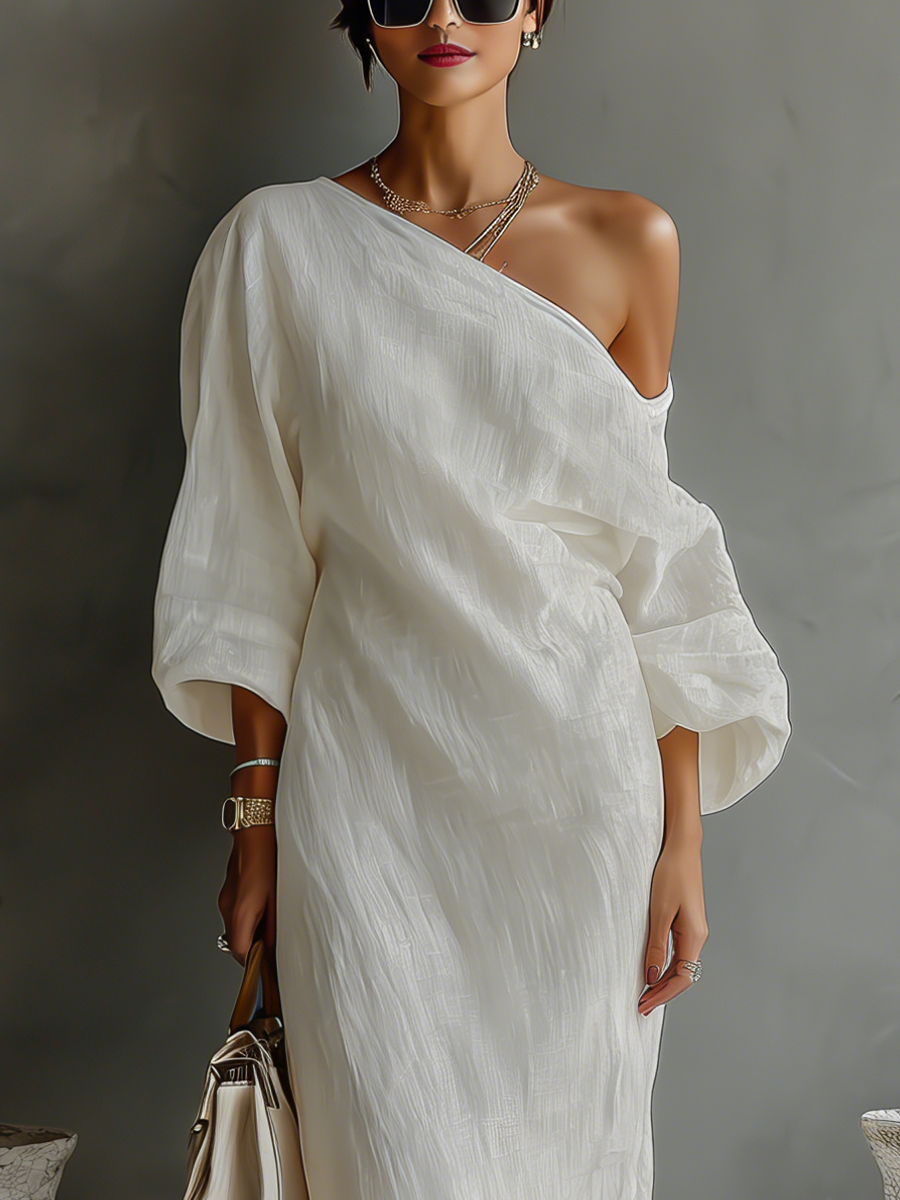Women's Ivory White Cotton-Linen Blend One-Shoulder Flowing Elegant Dress MDA3032K4T