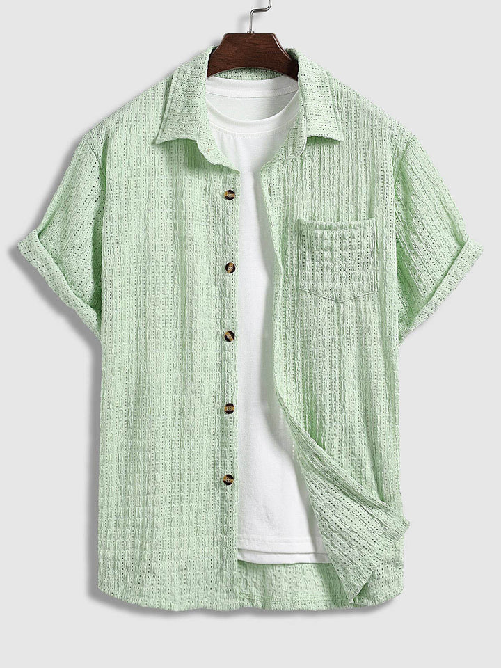 Men's Solid Color Hollow Button Short Sleeve Shirt