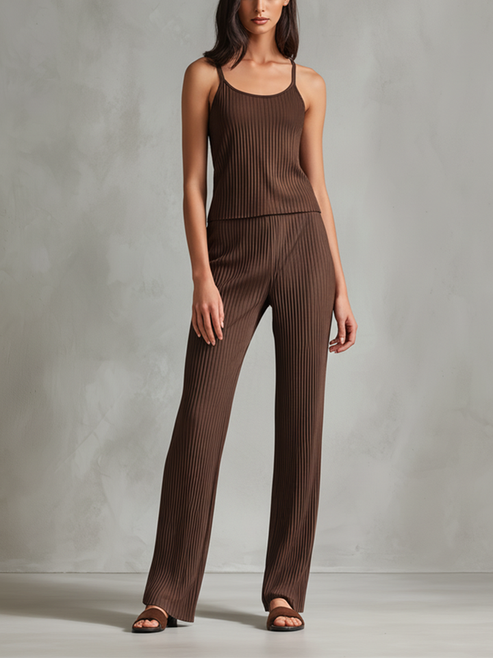 Women's Minimalist Style Brown Pleated Fabric Pants Set MDA2581L8BA