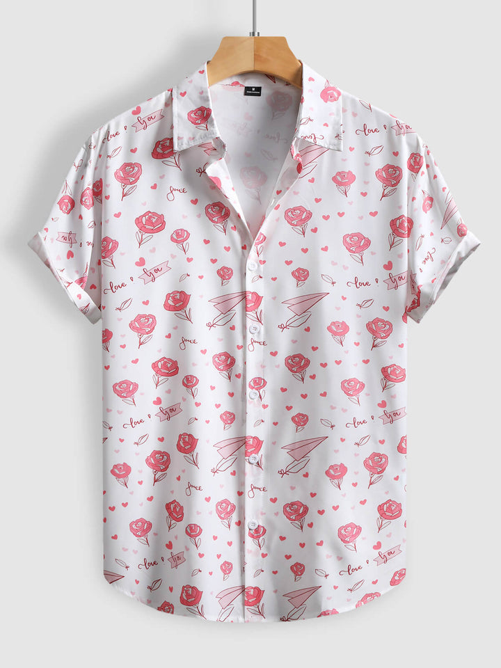 Men's Hawaiian Rose Print Lapel Short Sleeve Shirt