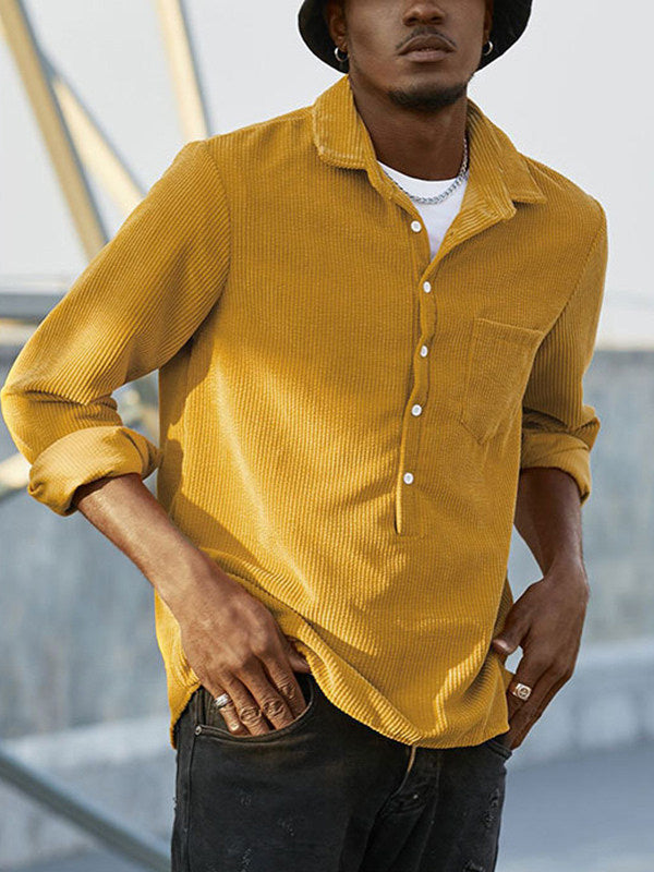 Men's Half Button Corduroy Long Sleeve Shirt-Light Blue