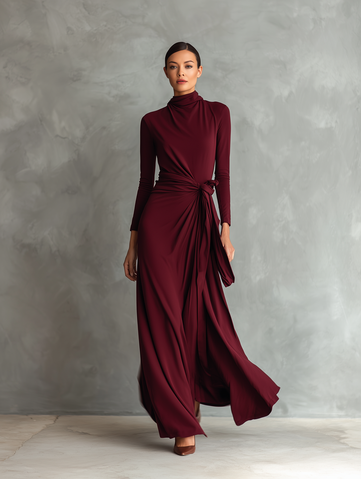 Women's Elegant Dark Red Stretchy Knit Long-sleeved Maxi Dress MDA2569L8AN