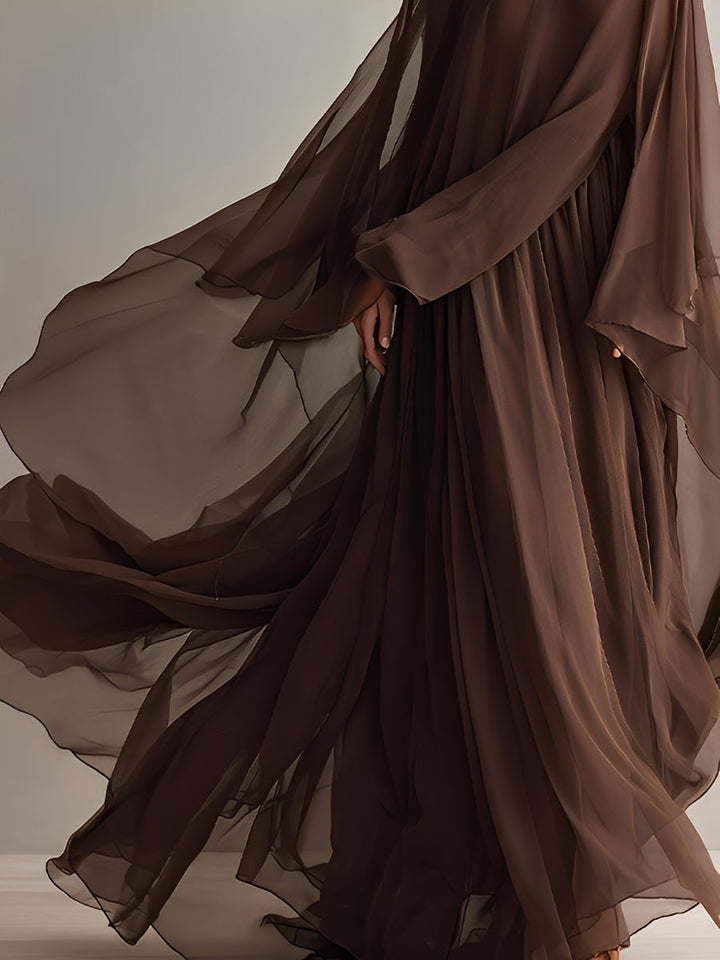 Women's Rich Brown Chiffon Dress With Flowy Maxi Silhouette & Cape-like Design, Modern Elegant-Glam Style Dress MDA1967L4I
