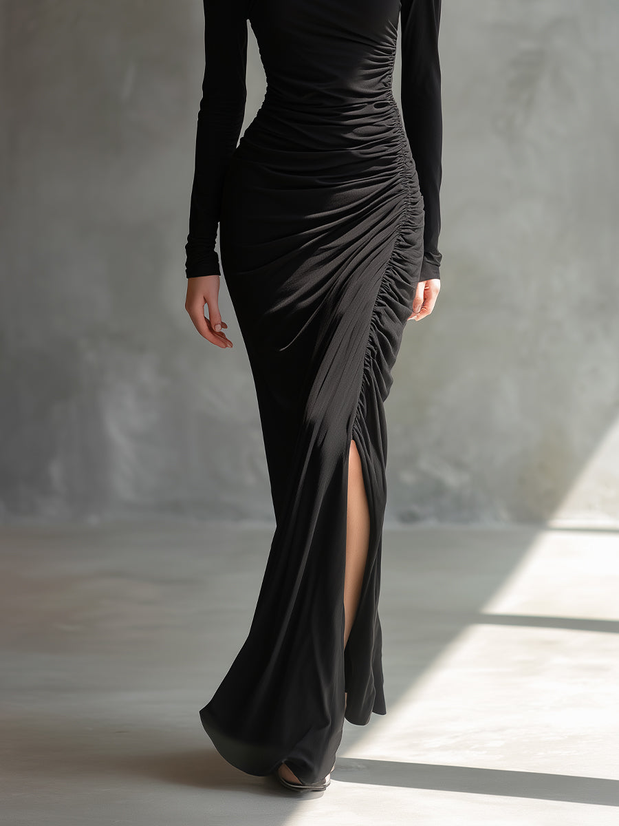 Women's Black Elegant Jersey Off - Shoulder Ruched Slit Maxi Dress MDA2125H9I