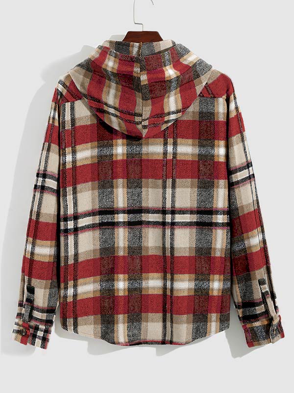 Men's Plaid Hooded Wool Blend Lapel Shirt Jacket Corduroy Casual Pants