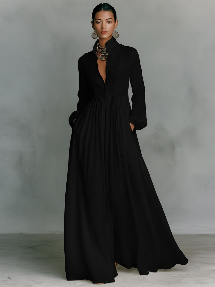Women's Minimalist Cotton And Linen Patchwork Single-breasted Stand-up Collar Long-sleeved Maxi Dress MDA0658K6Y