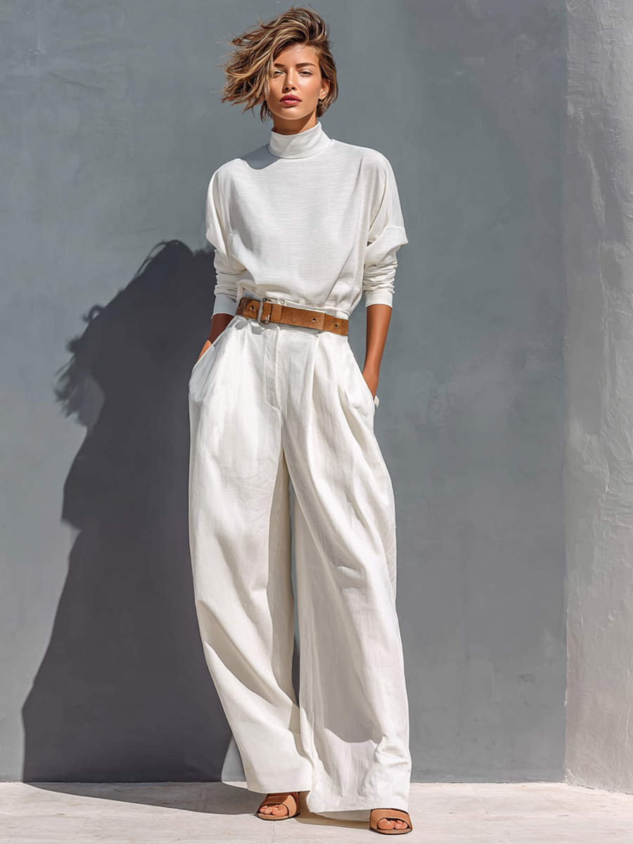 Women's All White Half High Neck Long Sleeve Loose T-shirt Wide Legs Two-piece Set (Belt Not Included)MDA2407G3Y