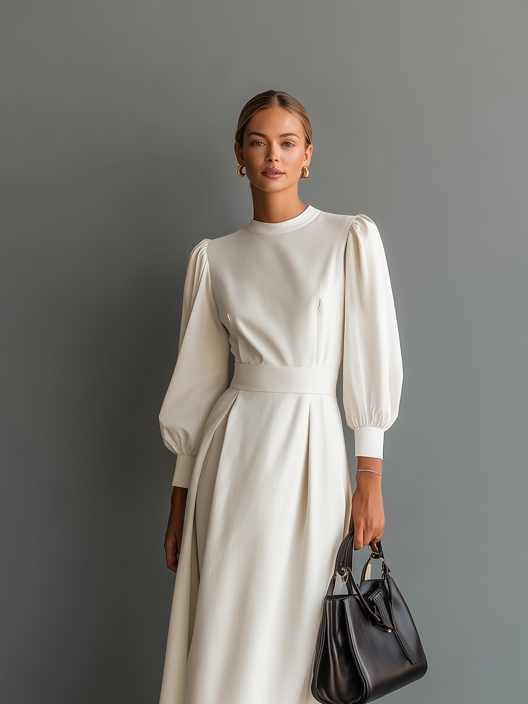 Women's Elegant White Slightly Stretchy Knit Round Neck Long Sleeve Slim Fit Midi Dress MDA2313L4AN