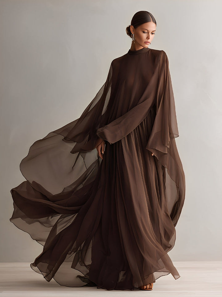 Women's Rich Brown Chiffon Dress With Flowy Maxi Silhouette & Cape-like Design, Modern Elegant-Glam Style Dress MDA1967L4I