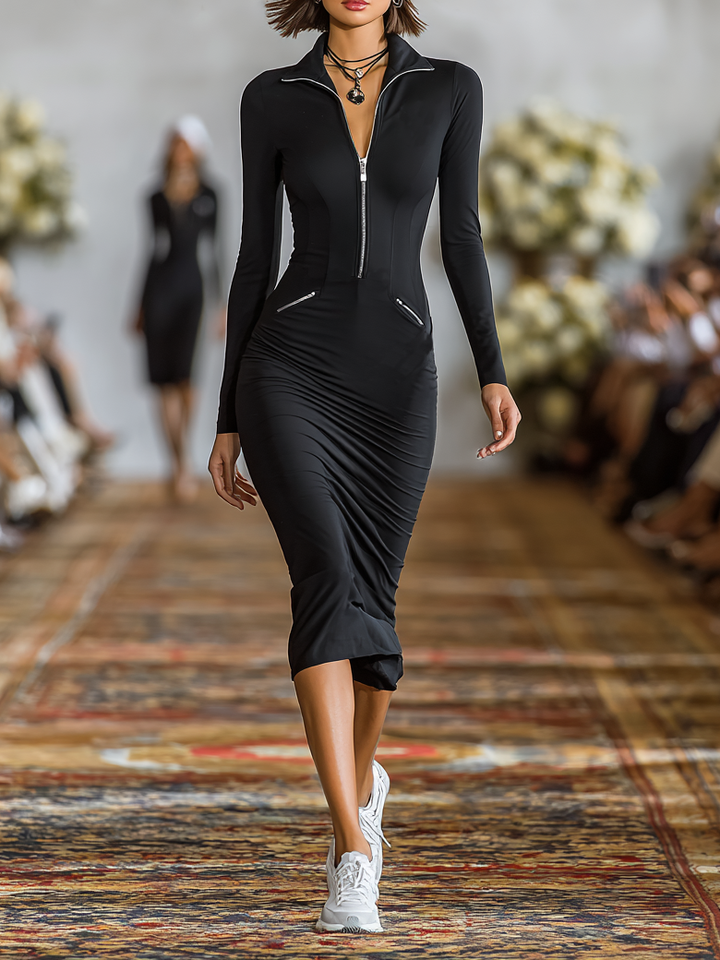 Women's Sports Cotton Blend Skinny Zipper Lapel Midi Dress MDA0133H4Y