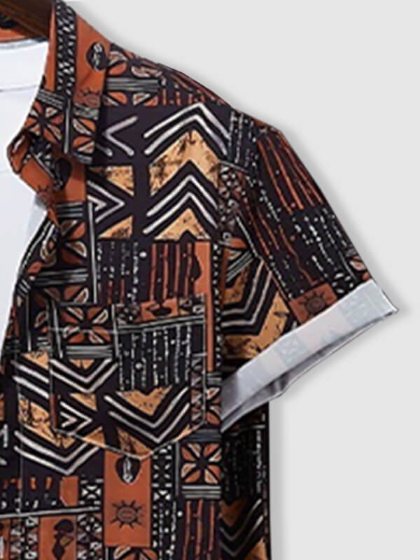 Men's Ethnic Print Casual Short-Sleeve Shirt and Shorts Set