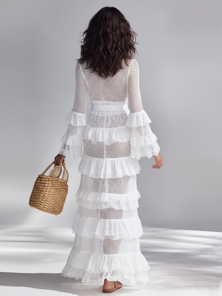 Women's Crisp White Crochet Knit Cardigan With Deep V-Neck & Layered Ruffles, Timeless Bohemian-Glam Style Cardigan MDA2372L3I